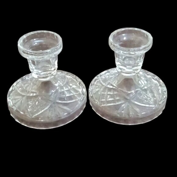 Vintage Clear Glass Candlestick Holders 1930s-1950s Star Pattern Fancy Cut x Two - Picture 1 of 7